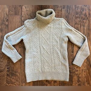 Vintage LL Bean Fine Merino Wool Mixed Cable Knit Khaki Turtleneck Sweater M